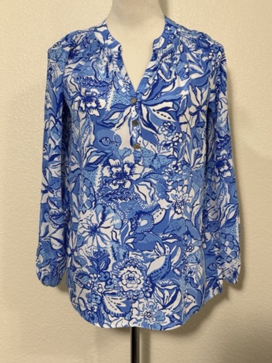 Lilly Pulitzer Tops - Lilly Pulitzer Womens XS Elsa Silk Tunic Blouse Blue Tang Flocking Fabulous